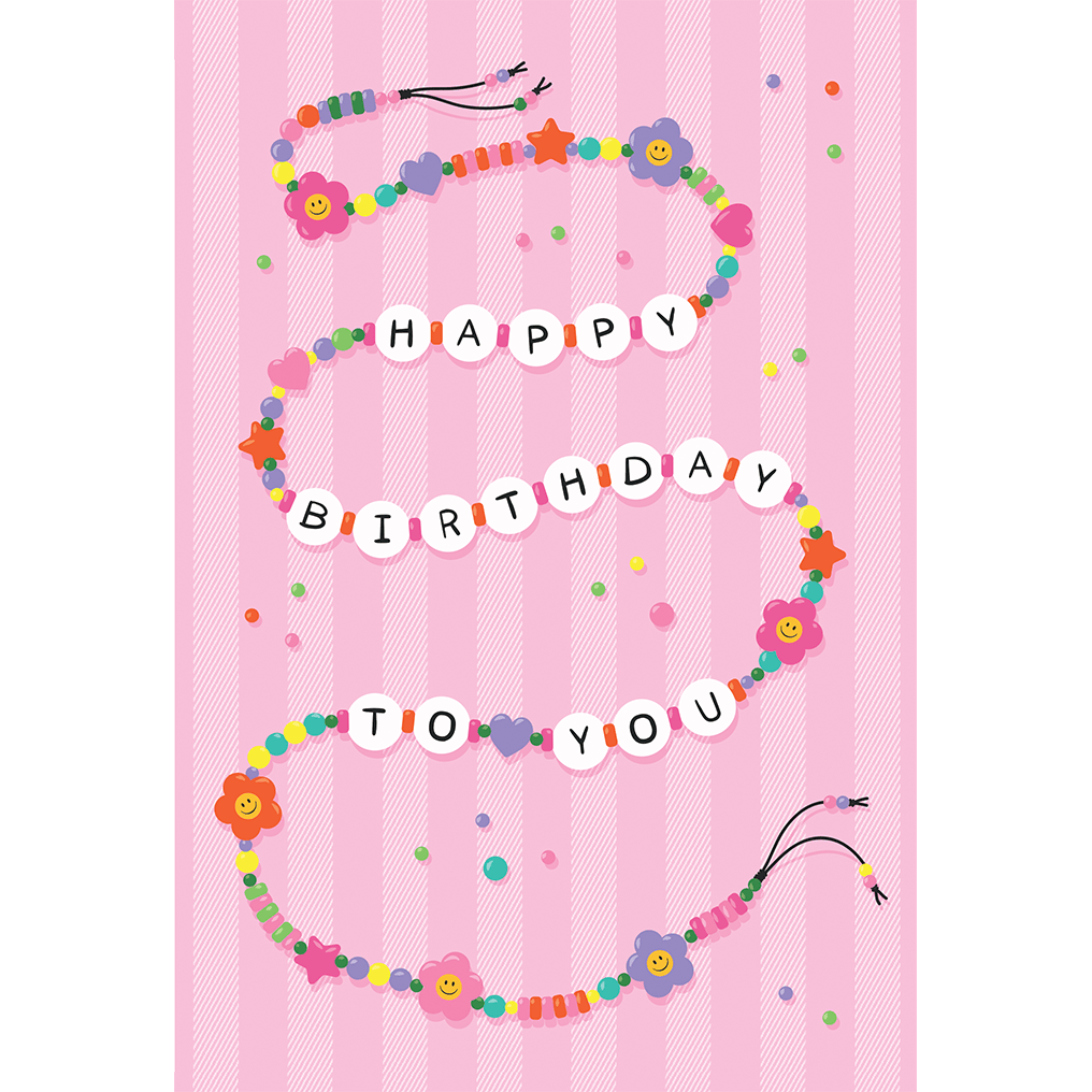 Colorful Friendship Beads Birthday Card by Cardmore featuring vibrant bead illustrations and cheerful birthday message.
